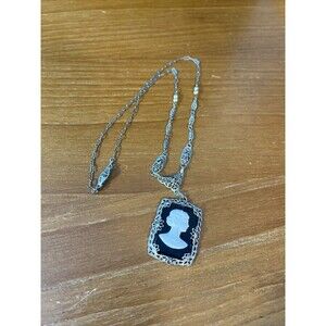 Antique Art deco Rhodium Plated Filigree Black & White Cameo Pendant on a 16”ch
